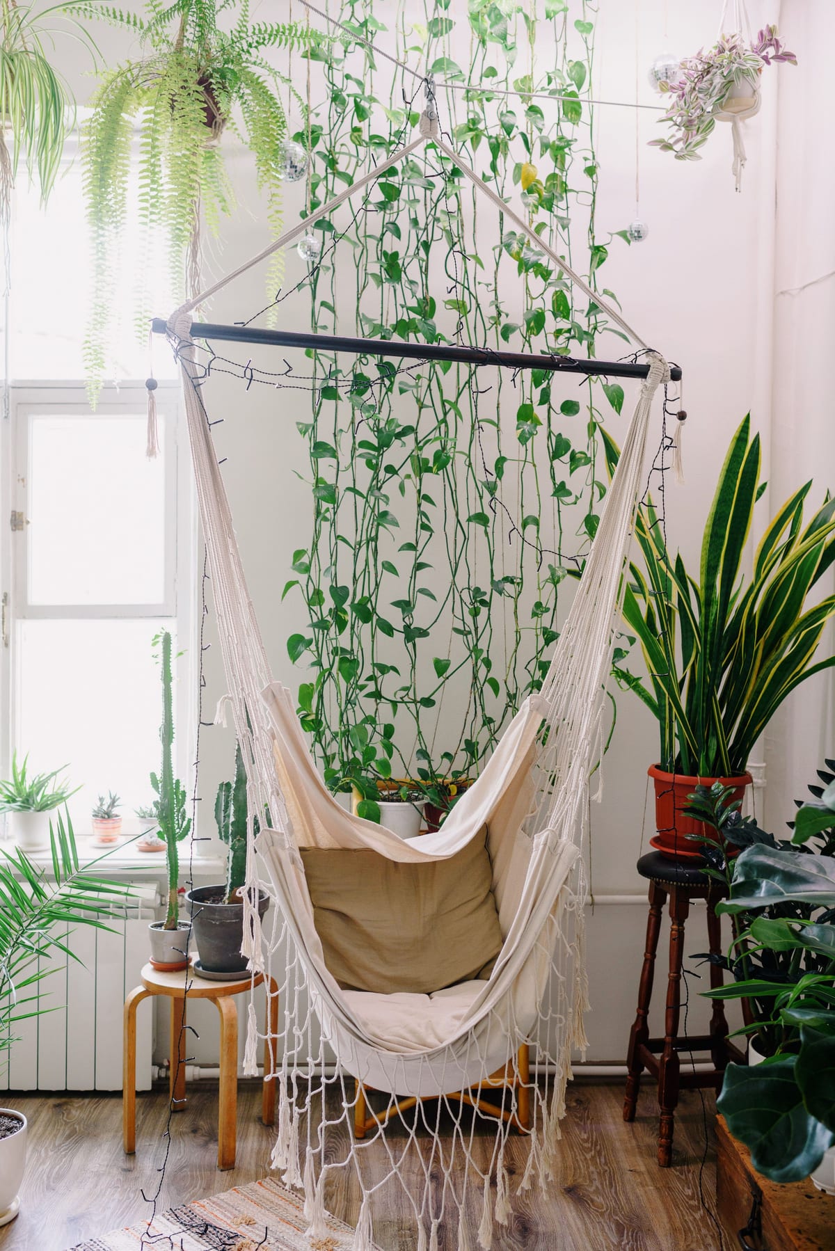 A light hammock with a cushion hanging alongside potted foliage.
