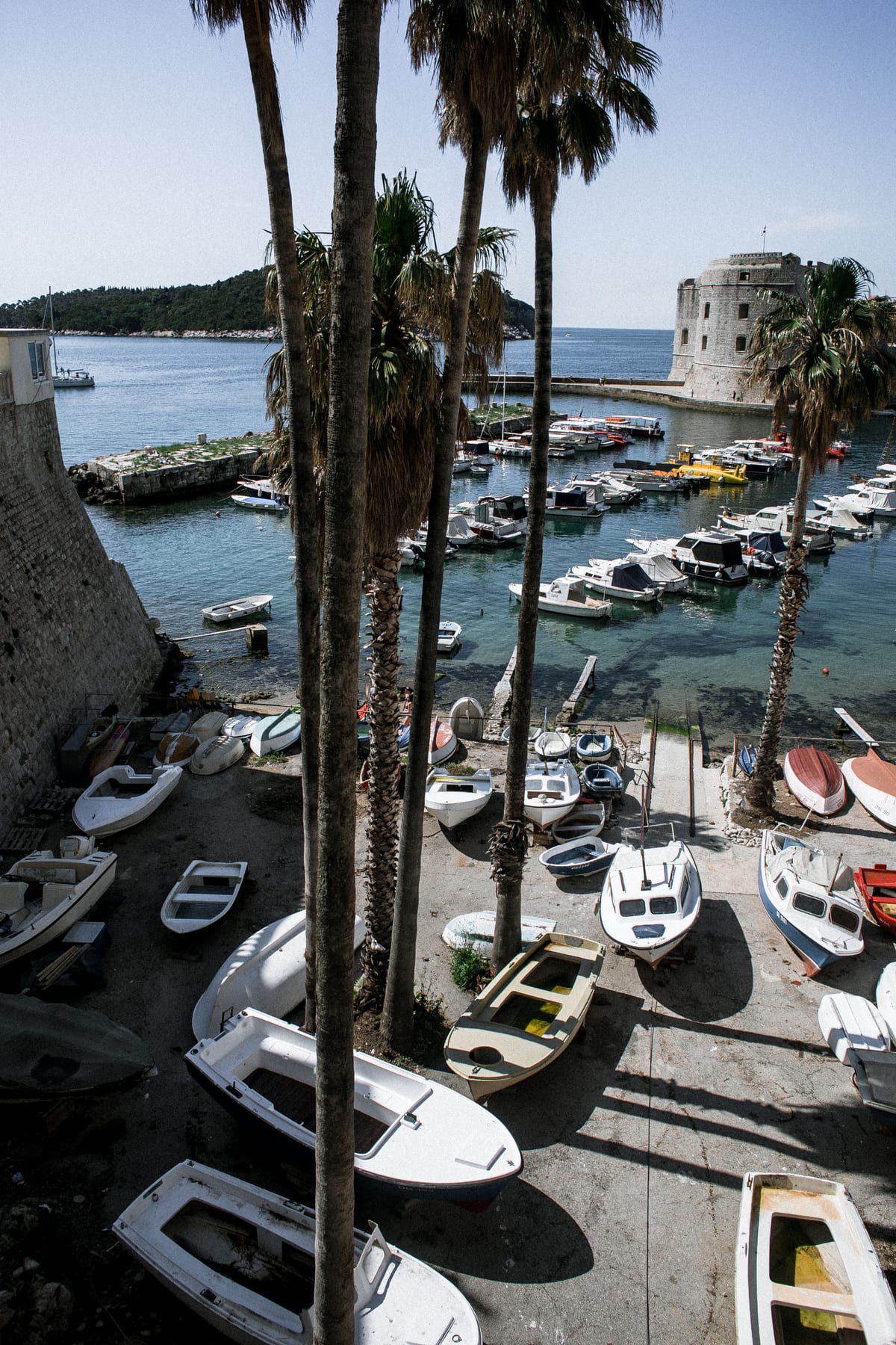Moored boats below palm trees and stone fortifications at a small coastal harbour.