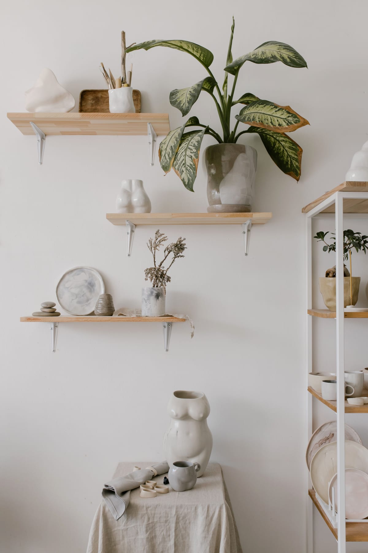 Wooden shelves on a white wall holding plants, vessels and small ornaments.
